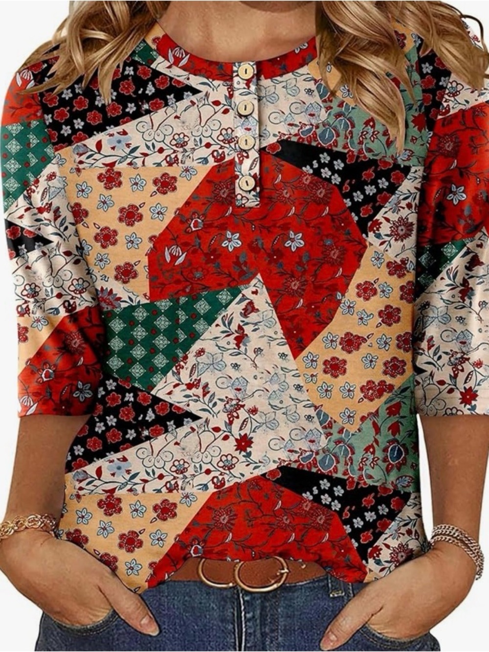 Patchwork Floral Henley Tunic - Red Multi 3/4 sleeve